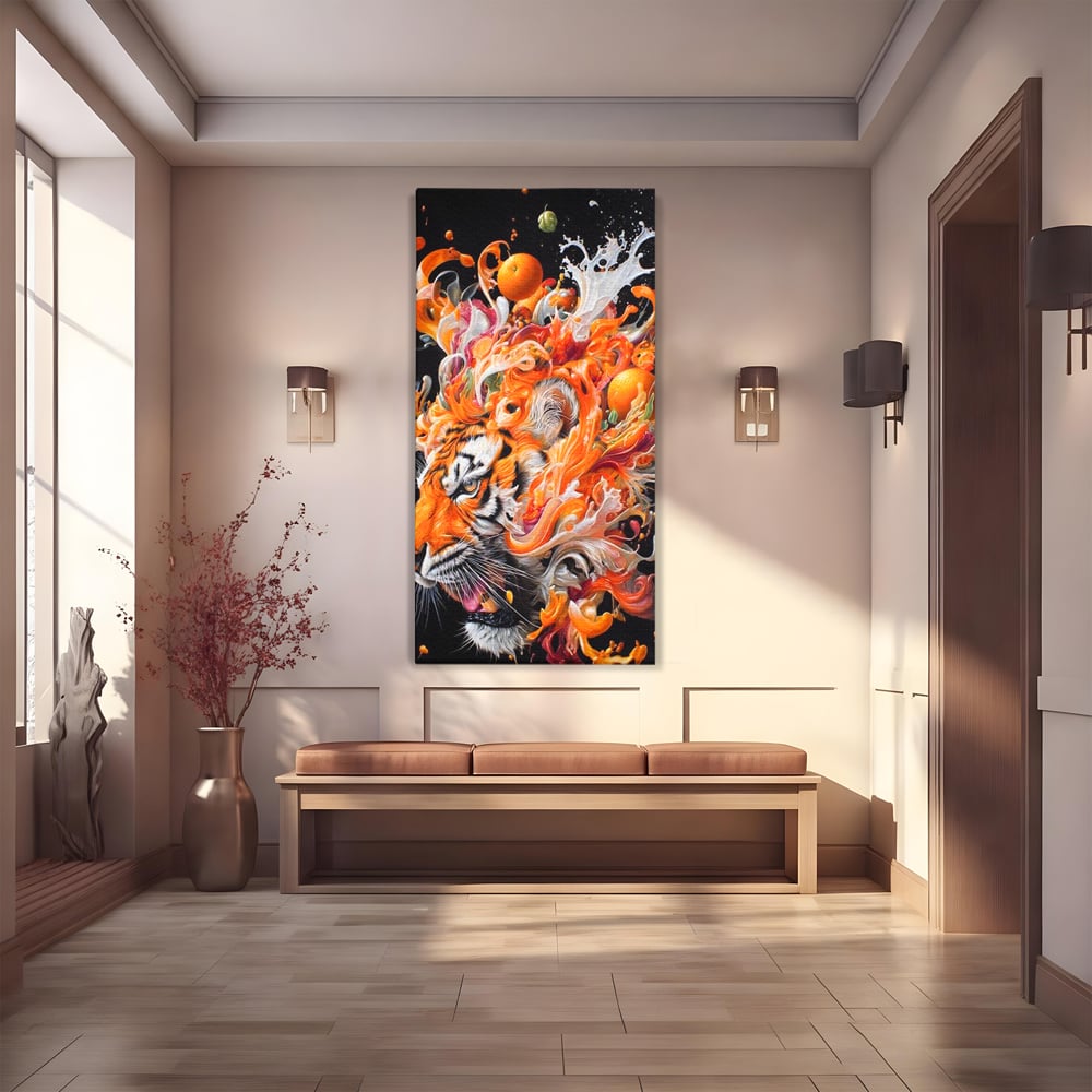Tablou canvas cu tablou canvas cu cap de tigru si portocale, fara rama, pe sasiu de lemn