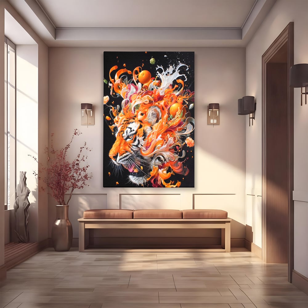 Tablou canvas cu tablou canvas cu cap de tigru si portocale, fara rama, pe sasiu de lemn