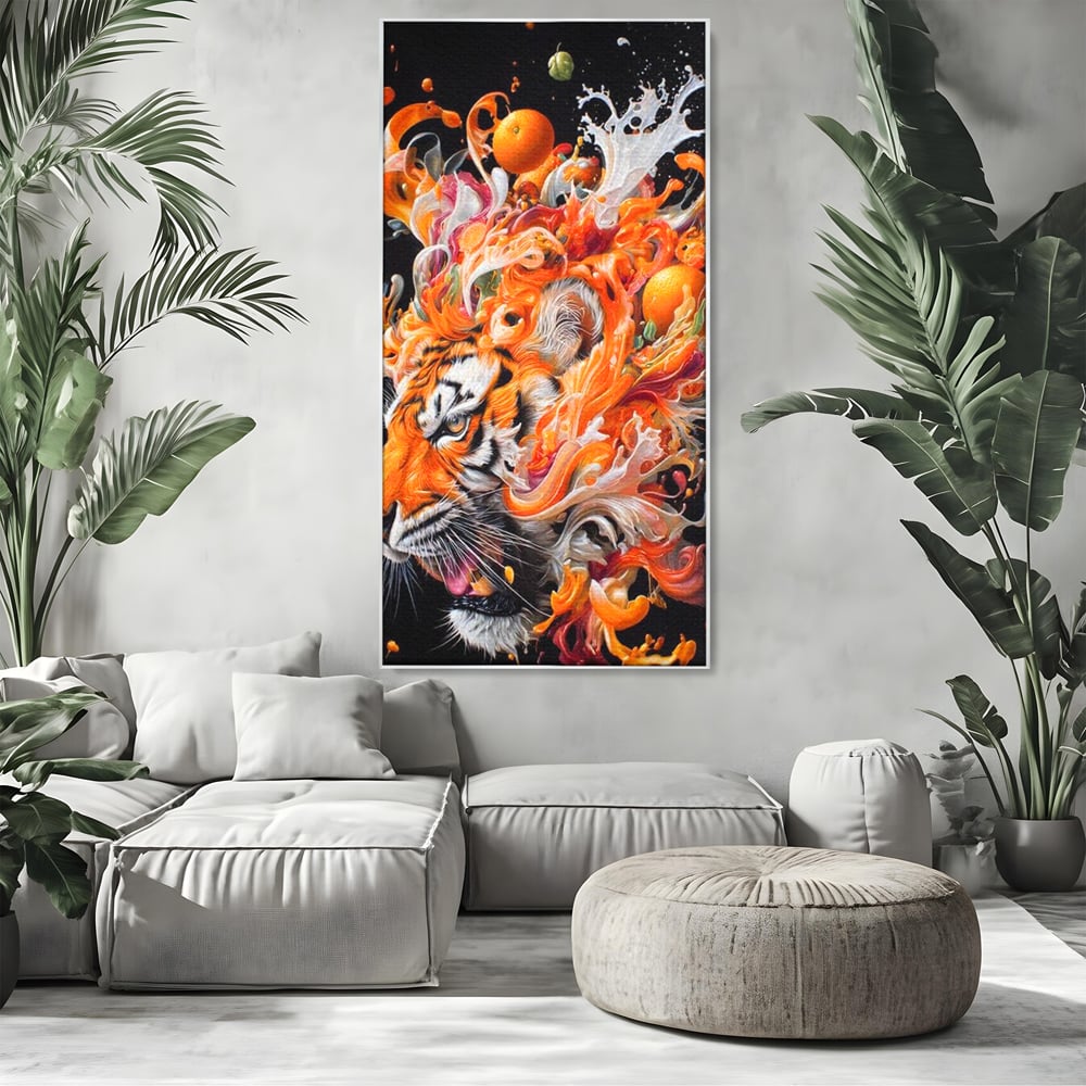 Tablou canvas cu tablou canvas cu cap de tigru si portocale, in rama de aluminiu argintiu, pe perete intr-un living
