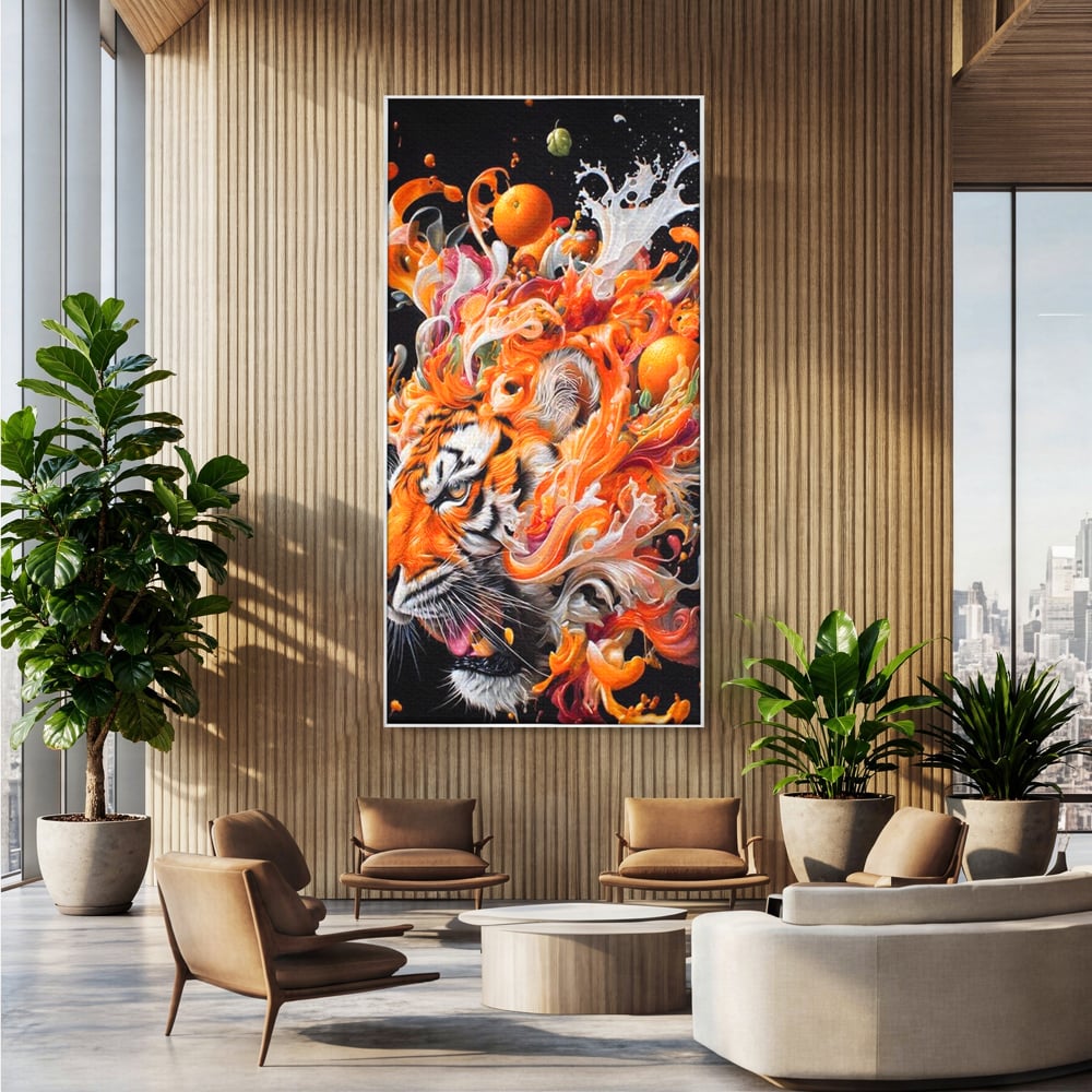 Tablou canvas cu tablou canvas cu cap de tigru si portocale, in rama de aluminiu argintiu, pe perete intr-un birou