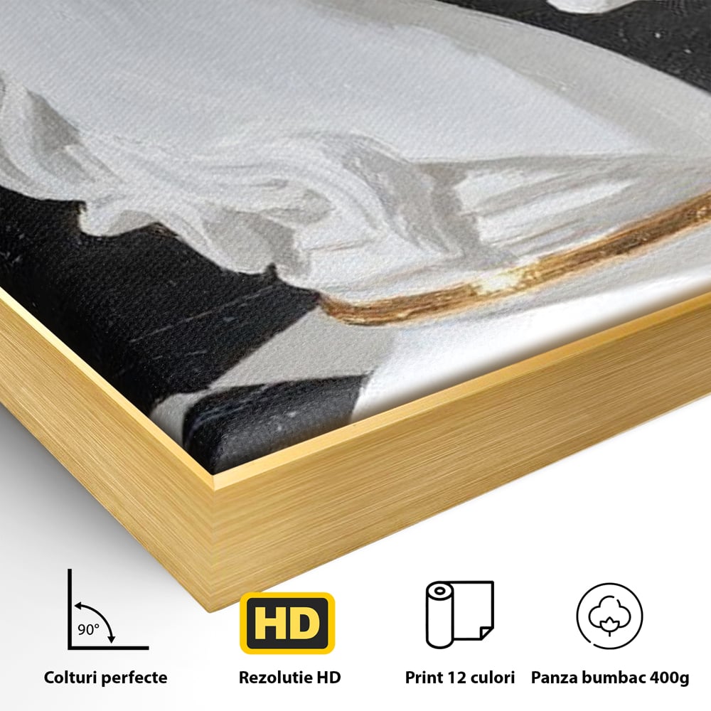 Detaliu al suprafetei: tablou canvas cu cal de sah, in rama de aluminiu auriu