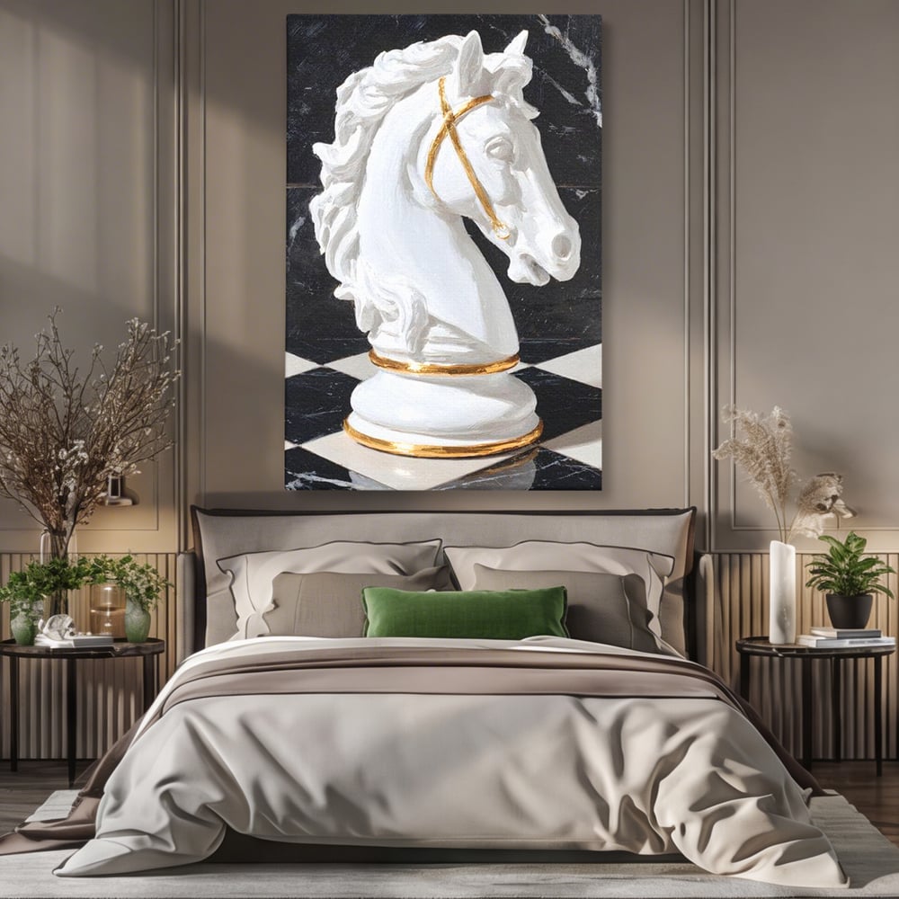 Tablou canvas cu tablou canvas cu cal de sah, fara rama, pe sasiu de lemn, pe perete intr-un dormitor