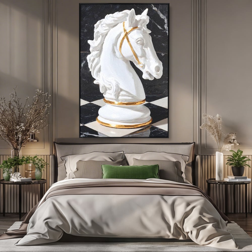 Tablou canvas cu tablou canvas cu cal de sah, in rama de aluminiu negru, pe perete intr-un dormitor
