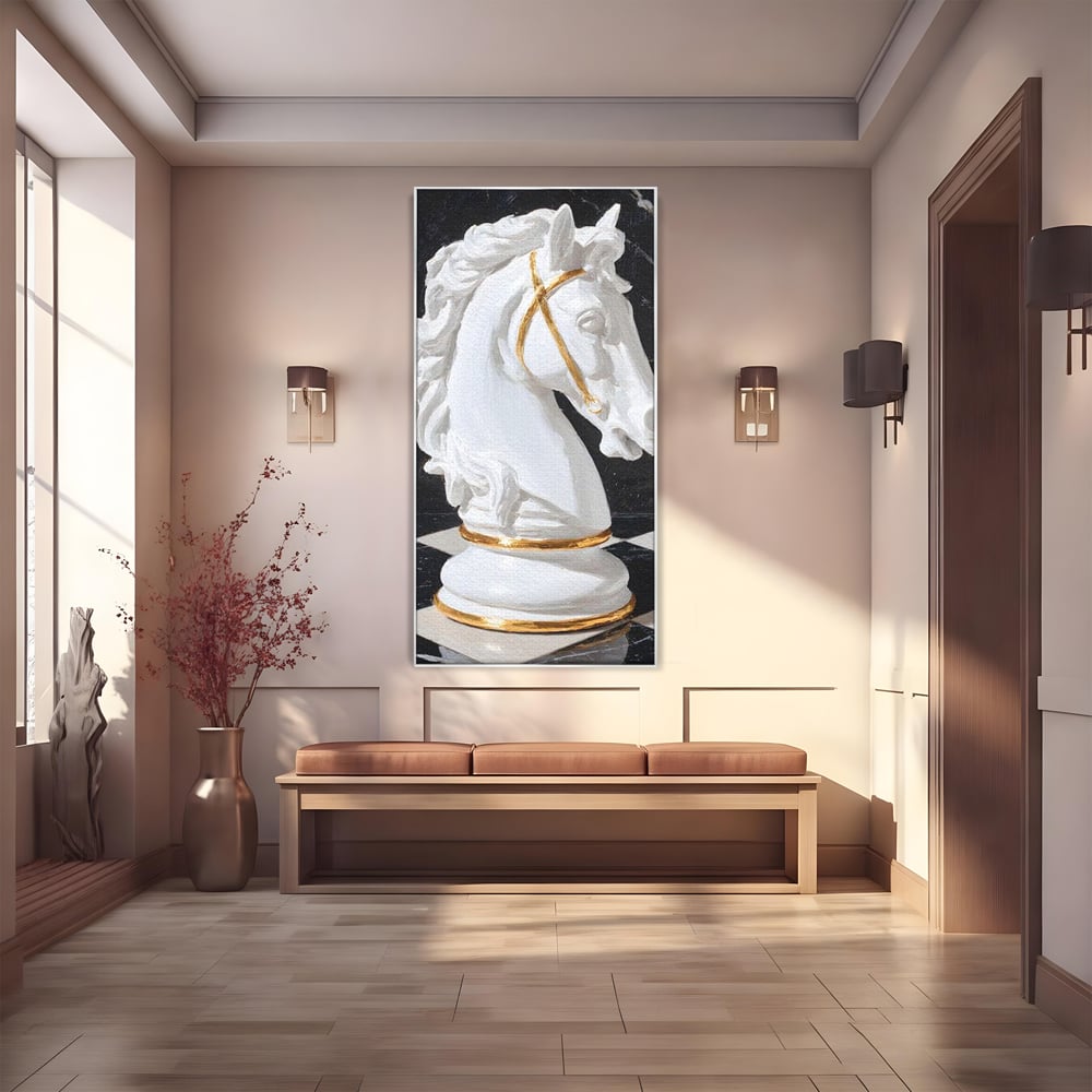 Tablou canvas cu tablou canvas cu cal de sah, in rama de aluminiu argintiu