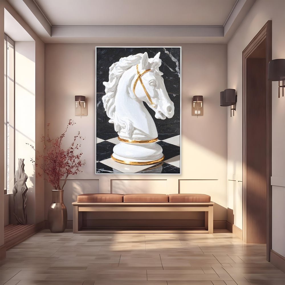 Tablou canvas cu tablou canvas cu cal de sah, in rama de aluminiu argintiu