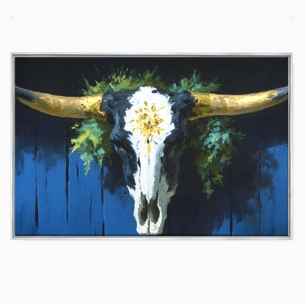 Tablou canvas cu pictura cu craniu de taur, in rama de aluminiu argintiu