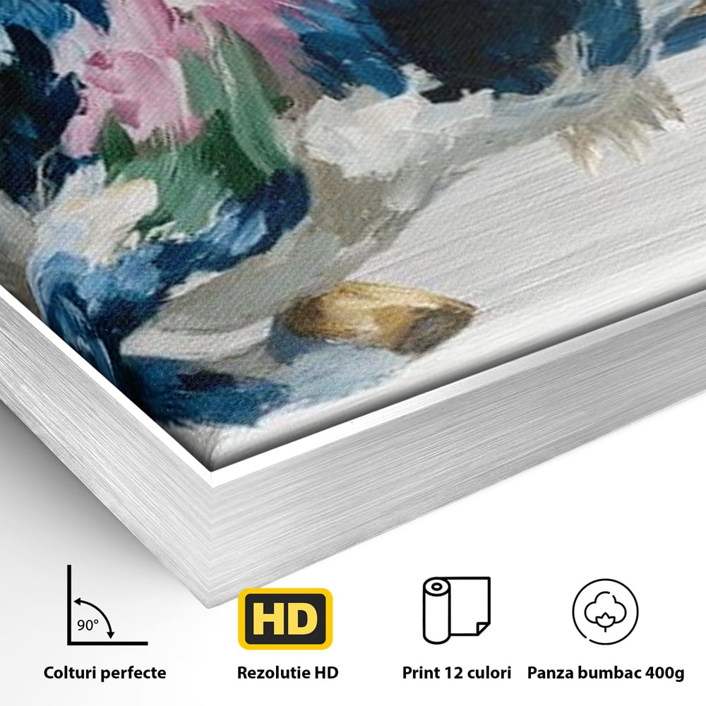 Detaliu al suprafetei: tablou canvas pictura taur in miscare, in rama de aluminiu argintiu