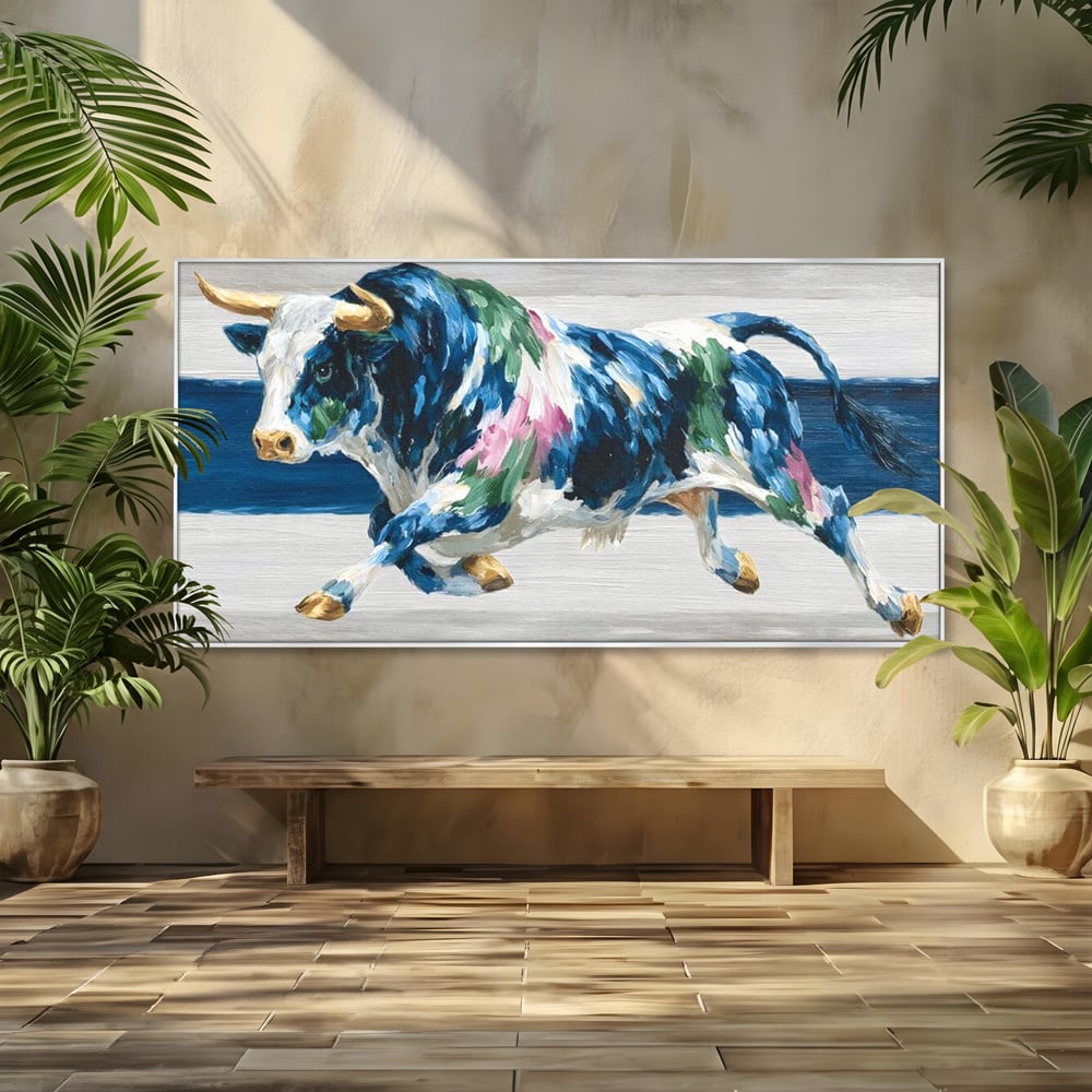 Tablou canvas cu tablou canvas pictura taur in miscare, in rama de aluminiu argintiu