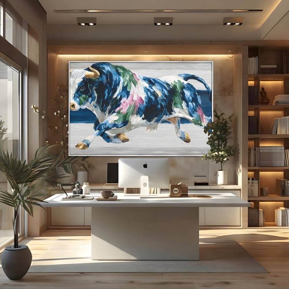 Tablou canvas cu tablou canvas pictura taur in miscare, in rama de aluminiu argintiu, pe perete intr-un birou