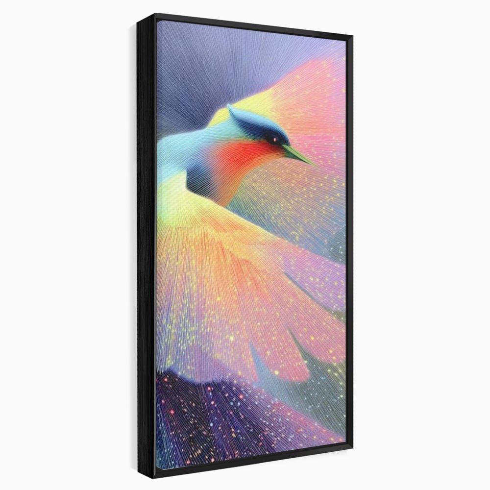 Tablou canvas cu tablou canvas cu pasare colorata in zbor, in rama de aluminiu negru