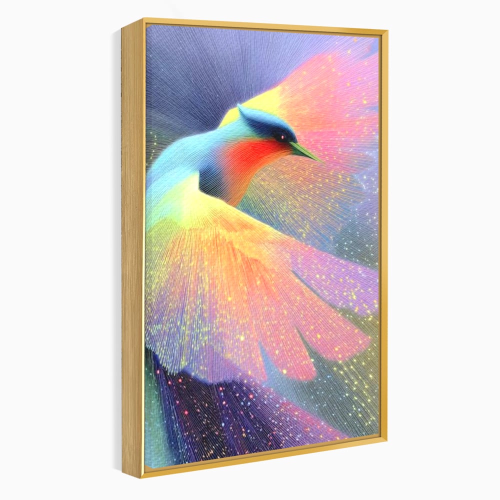 Tablou canvas cu tablou canvas cu pasare colorata in zbor, in rama de aluminiu auriu