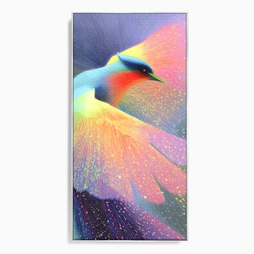 Tablou canvas cu tablou canvas cu pasare colorata in zbor, in rama de aluminiu argintiu