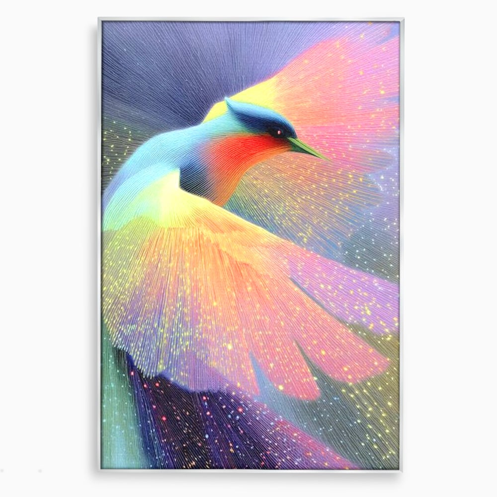 Tablou canvas cu tablou canvas cu pasare colorata in zbor, in rama de aluminiu argintiu