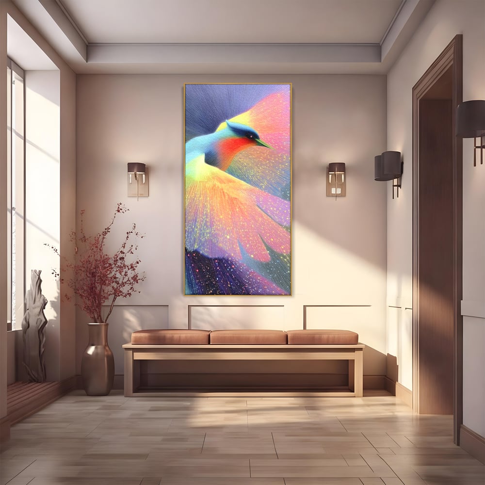Tablou canvas cu tablou canvas cu pasare colorata in zbor, in rama de aluminiu auriu