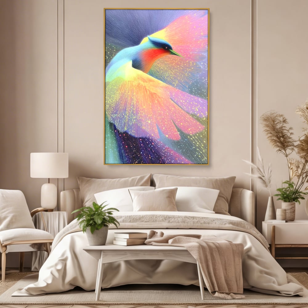 Tablou canvas cu tablou canvas cu pasare colorata in zbor, in rama de aluminiu auriu, pe perete intr-un dormitor