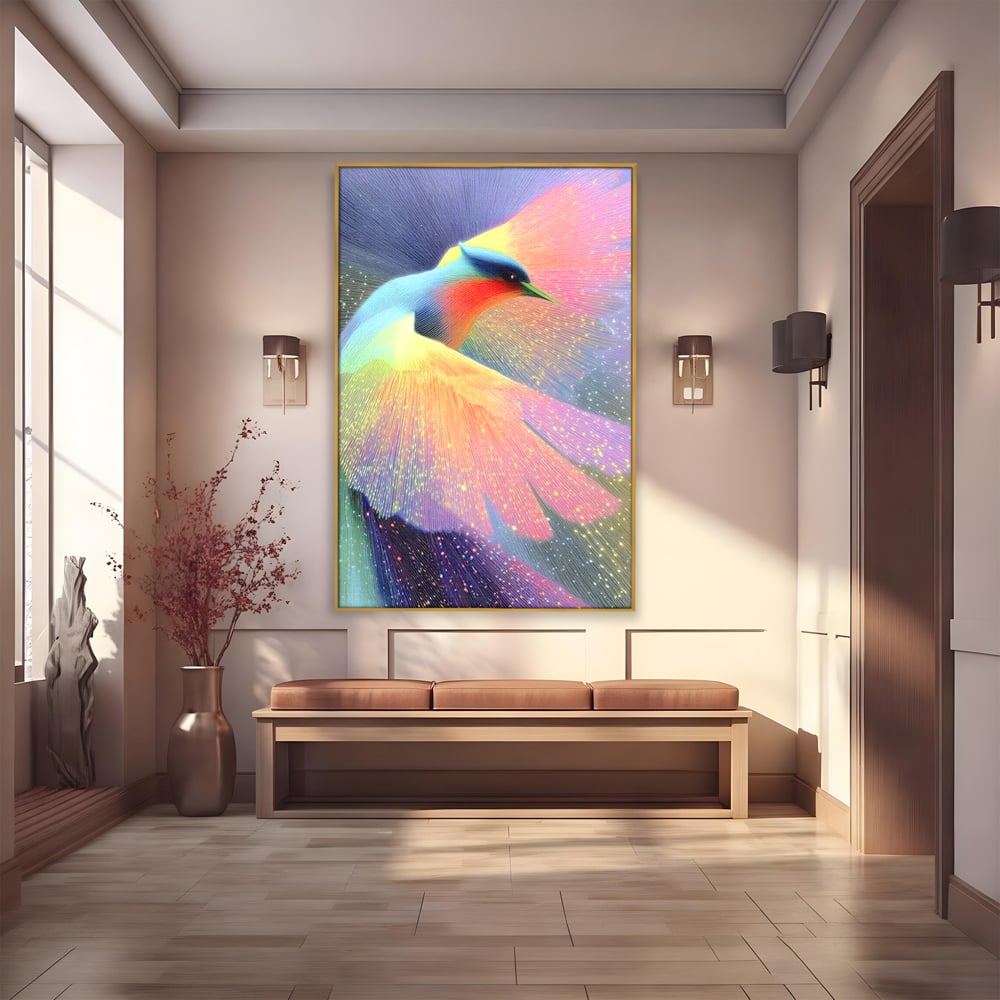 Tablou canvas cu tablou canvas cu pasare colorata in zbor, in rama de aluminiu auriu