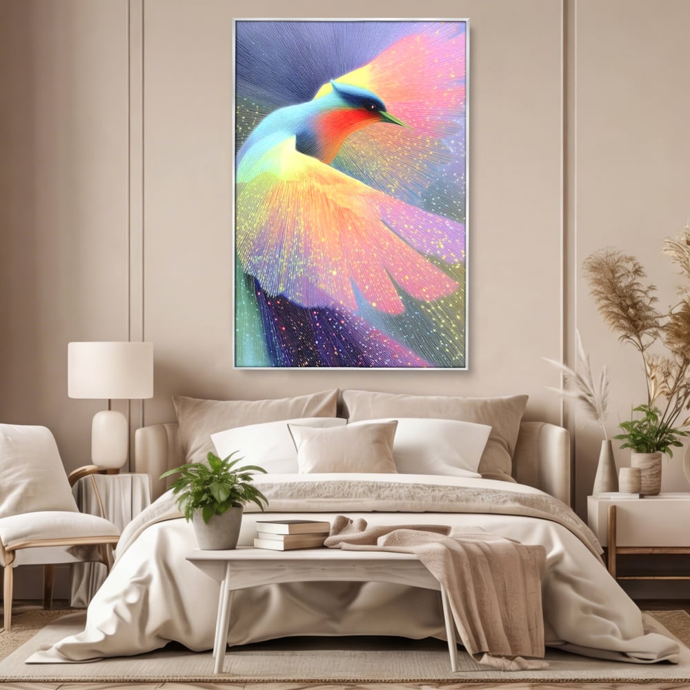 Tablou canvas cu tablou canvas cu pasare colorata in zbor, in rama de aluminiu argintiu, pe perete intr-un dormitor