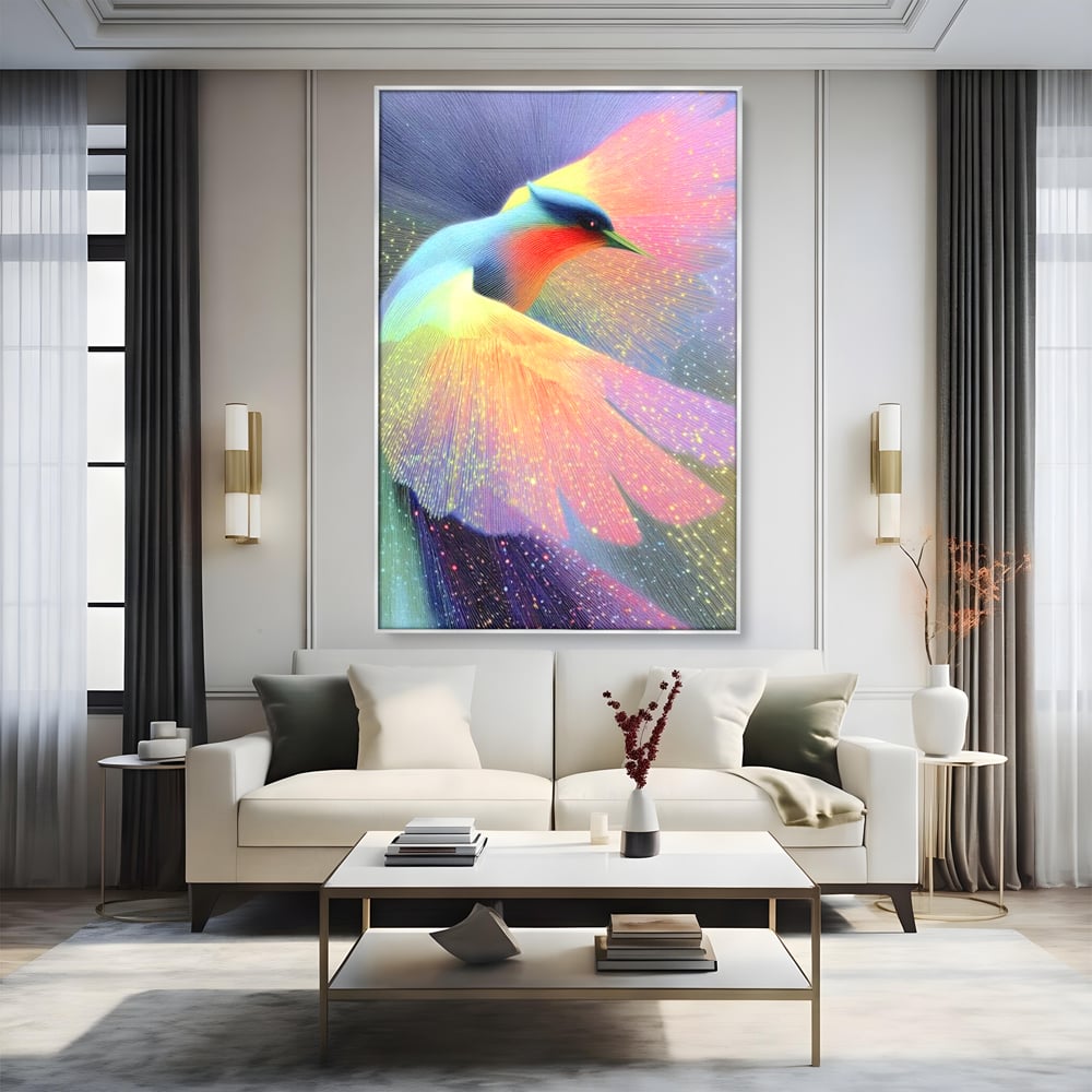 Tablou canvas cu tablou canvas cu pasare colorata in zbor, in rama de aluminiu argintiu, pe perete intr-un living