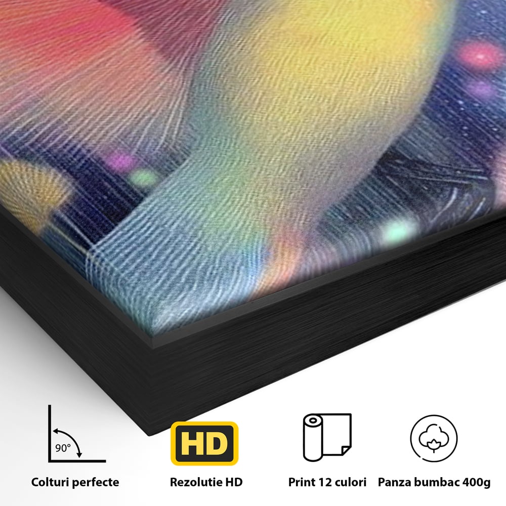 Detaliu al suprafetei: tablou canvas cu pasare fantastica zburand, in rama de aluminiu negru