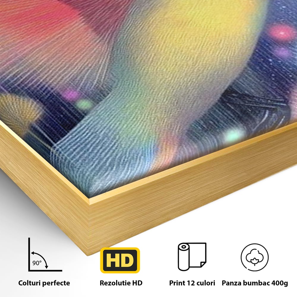 Detaliu al suprafetei: tablou canvas cu pasare fantastica zburand, in rama de aluminiu auriu