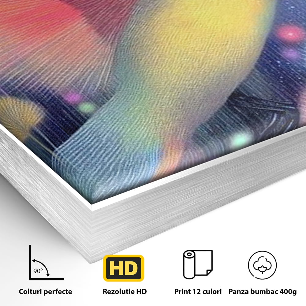 Detaliu al suprafetei: tablou canvas cu pasare fantastica zburand, in rama de aluminiu argintiu