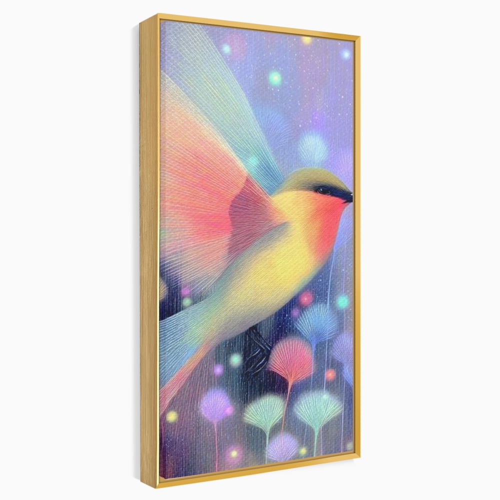 Tablou canvas cu tablou canvas cu pasare fantastica zburand, in rama de aluminiu auriu
