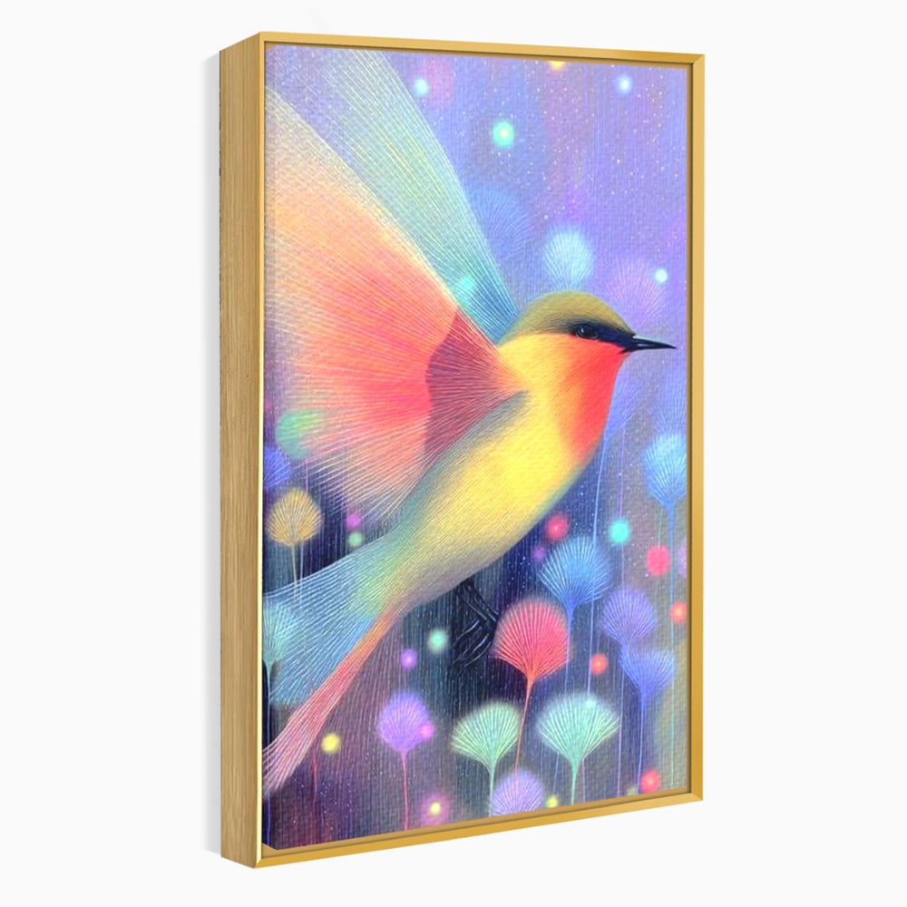Tablou canvas cu tablou canvas cu pasare fantastica zburand, in rama de aluminiu auriu