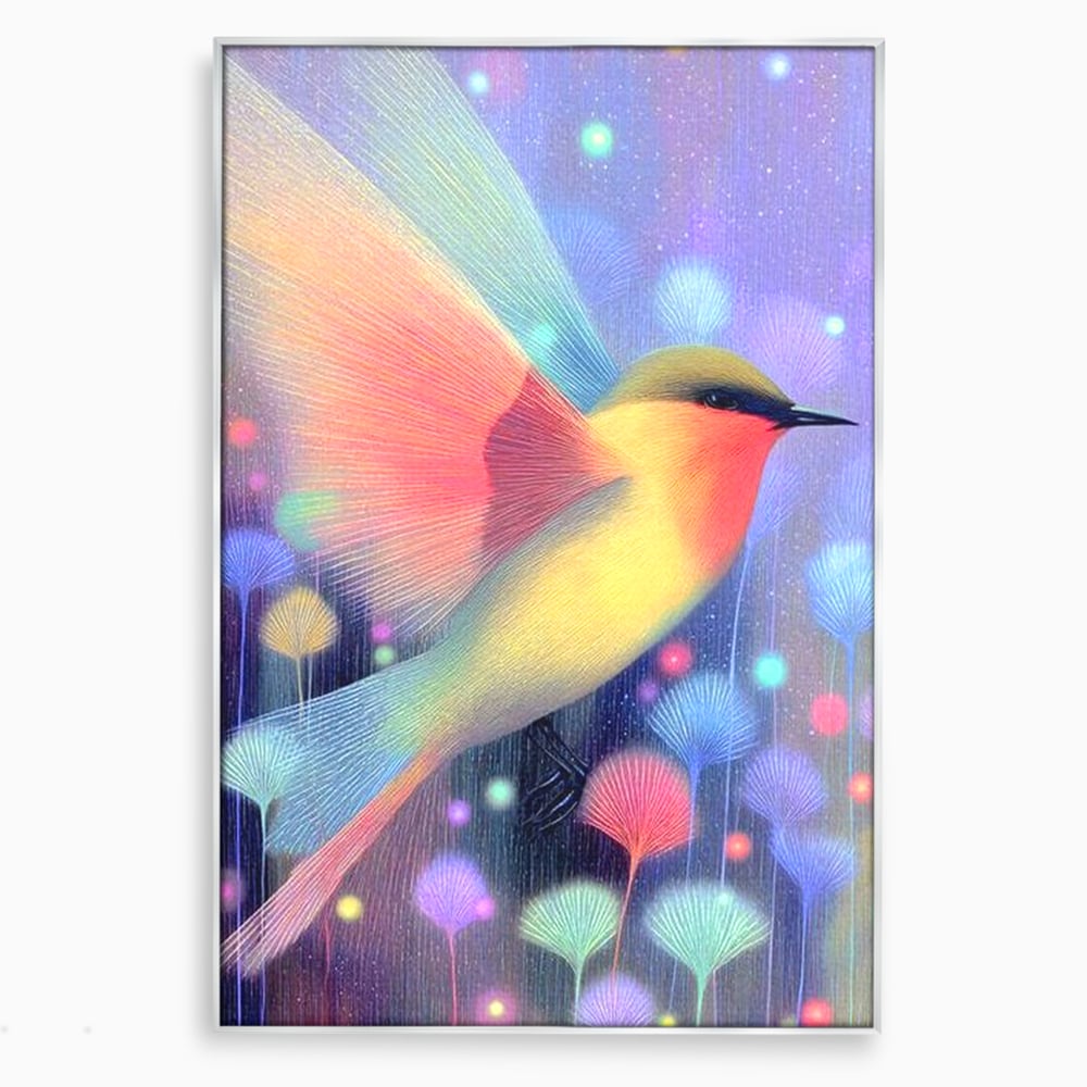 Tablou canvas cu tablou canvas cu pasare fantastica zburand, in rama de aluminiu argintiu