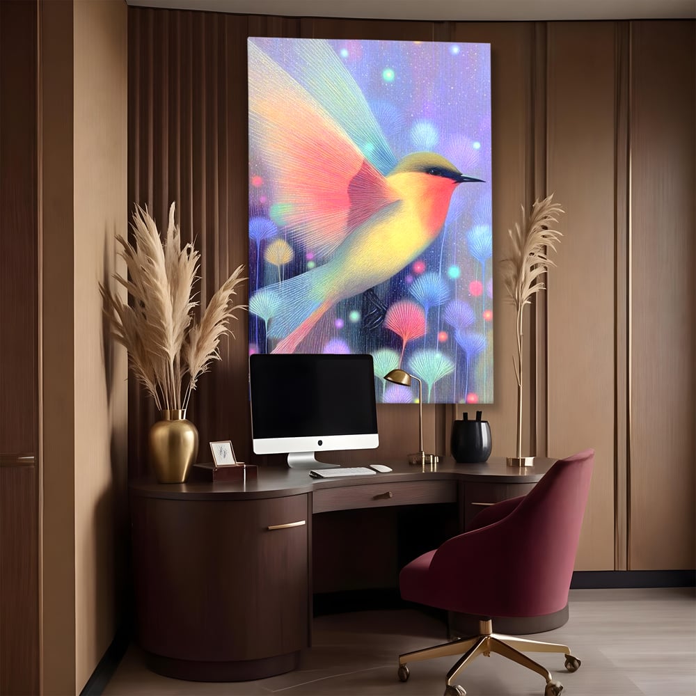 Tablou canvas cu tablou canvas cu pasare fantastica zburand, fara rama, pe sasiu de lemn, pe perete intr-un birou