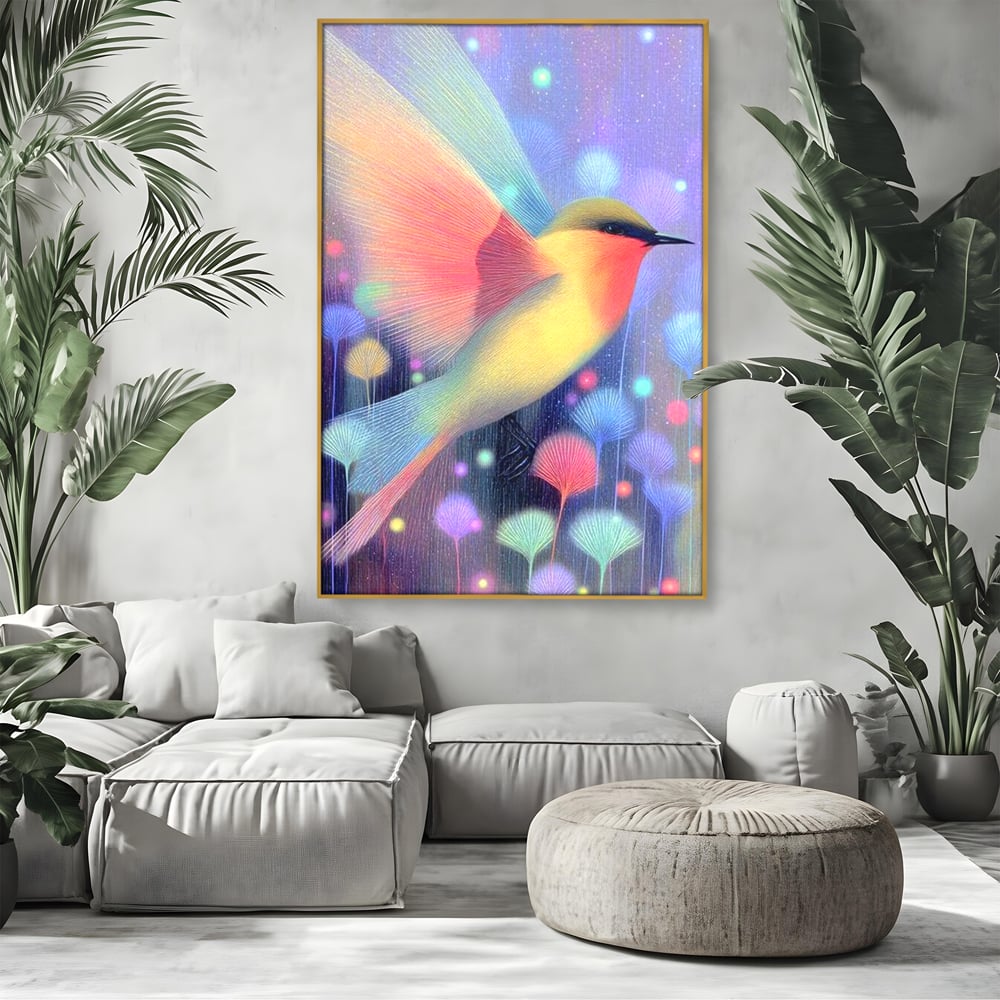 Tablou canvas cu tablou canvas cu pasare fantastica zburand, in rama de aluminiu auriu, pe perete intr-un living