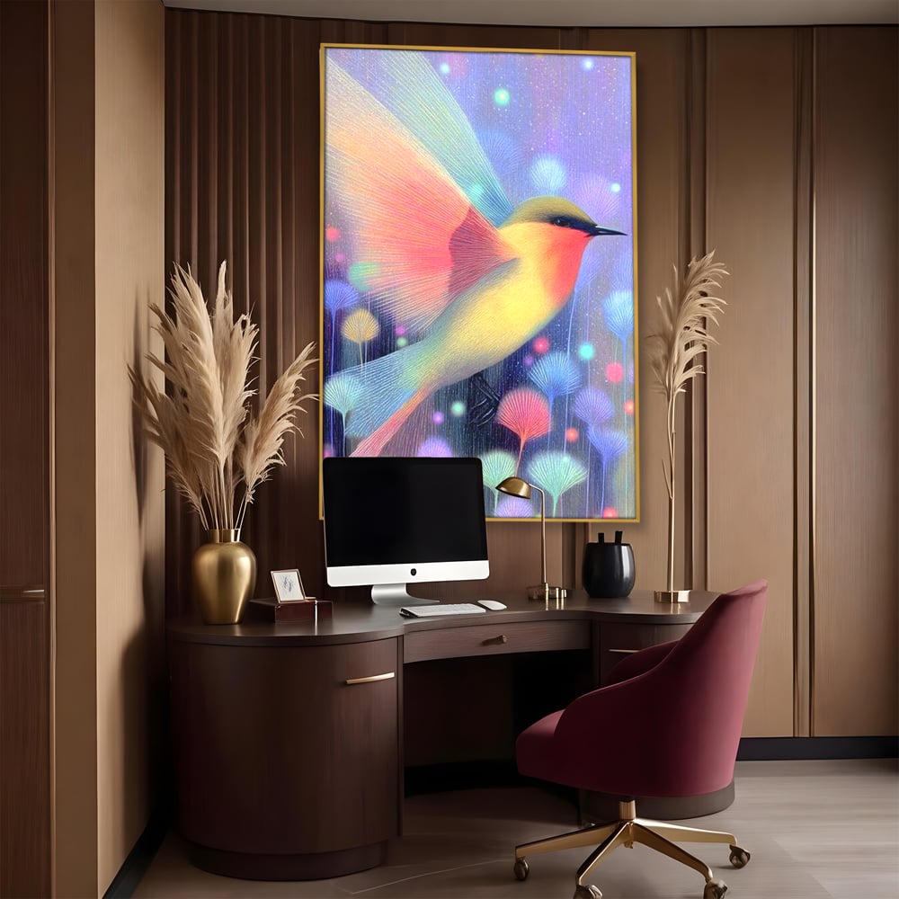 Tablou canvas cu tablou canvas cu pasare fantastica zburand, in rama de aluminiu auriu, pe perete intr-un birou