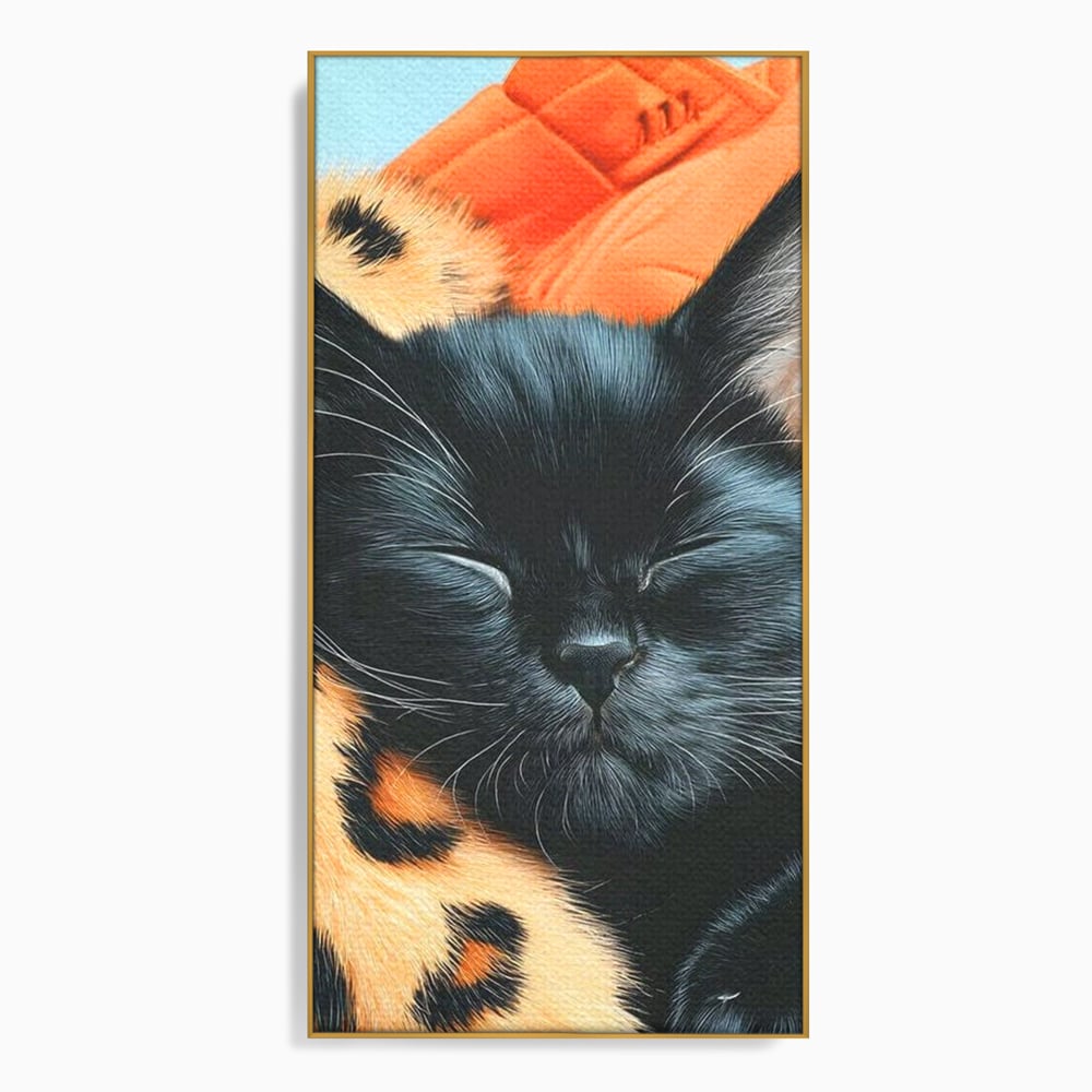 Tablou canvas cu tablou canvas cu pisica neagra dormind, in rama de aluminiu auriu