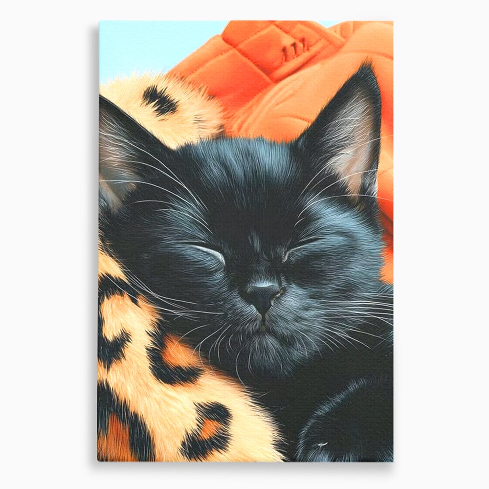 Tablou canvas cu tablou canvas cu pisica neagra dormind, fara rama, pe sasiu de lemn