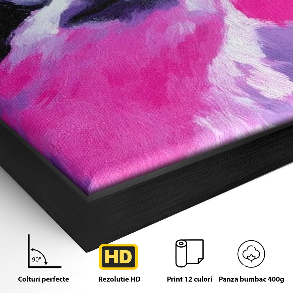 Detaliu al suprafetei: tablou canvas cu lenes pictat, in rama de aluminiu negru