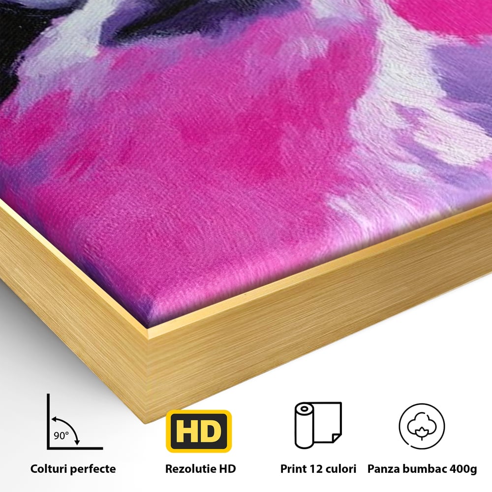 Detaliu al suprafetei: tablou canvas cu lenes pictat, in rama de aluminiu auriu
