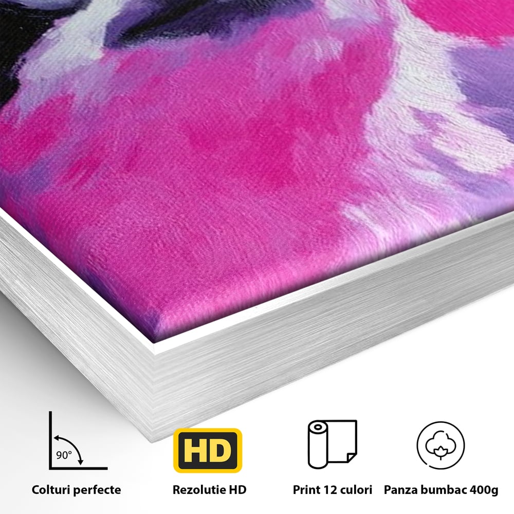 Detaliu al suprafetei: tablou canvas cu lenes pictat, in rama de aluminiu argintiu