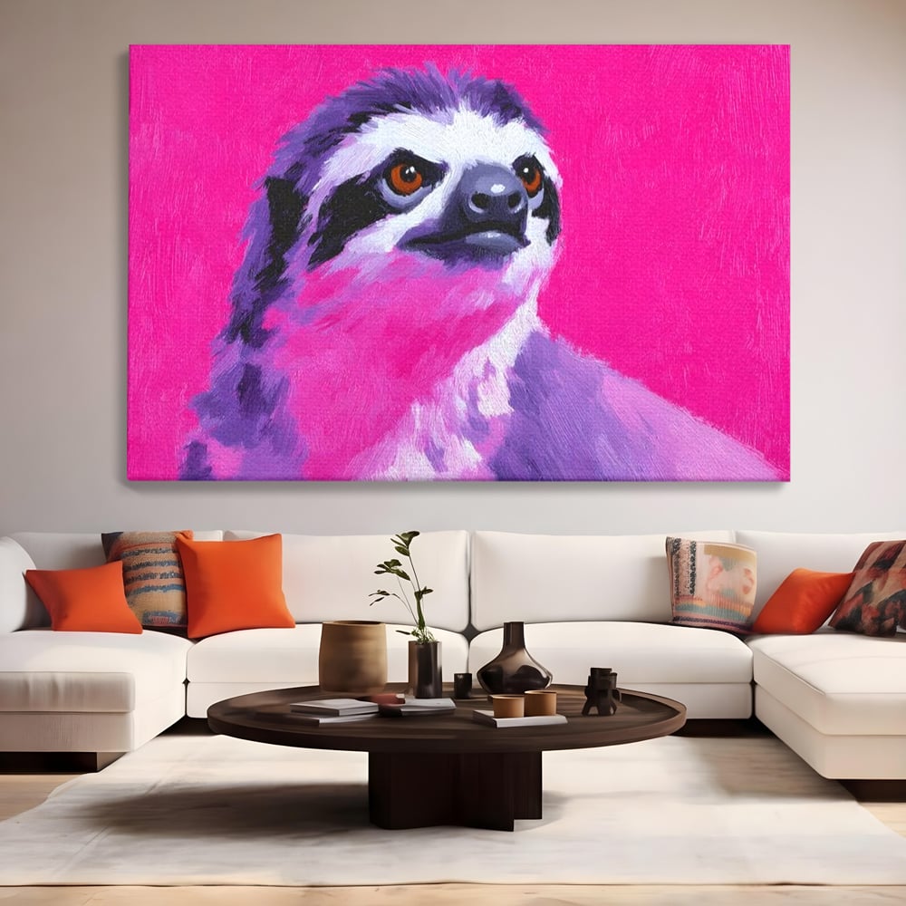 Tablou canvas cu tablou canvas cu lenes pictat, fara rama, pe sasiu de lemn, pe perete intr-un living
