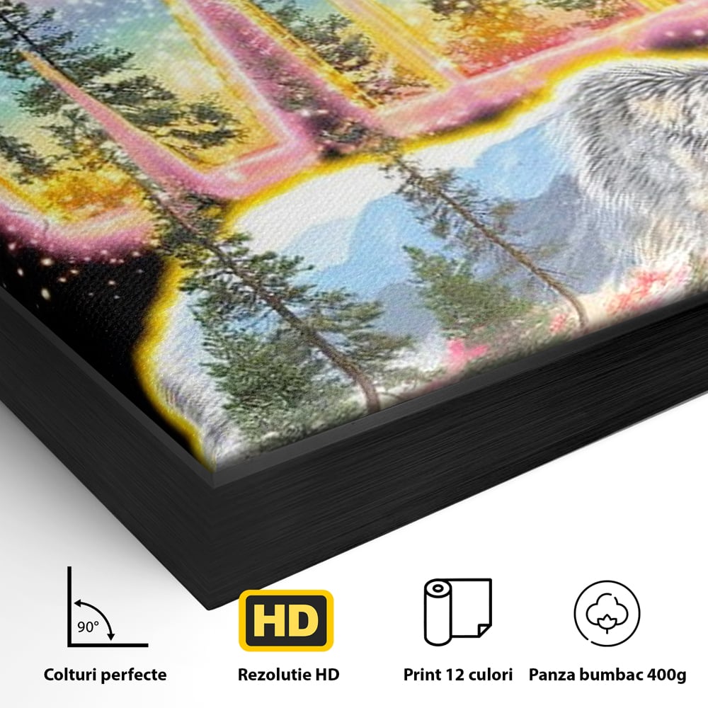Detaliu al suprafetei: tablou canvas cu urs si peisaj, in rama de aluminiu negru