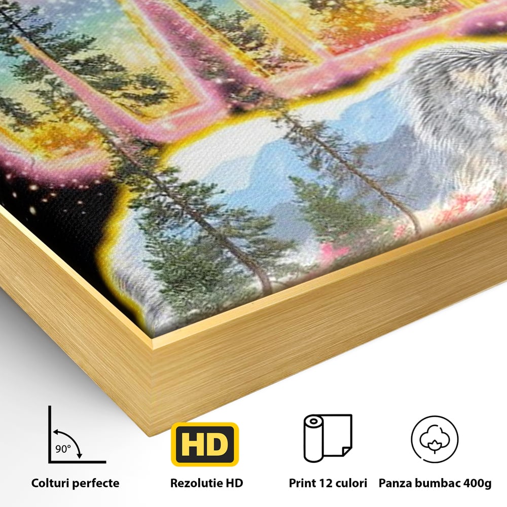 Detaliu al suprafetei: tablou canvas cu urs si peisaj, in rama de aluminiu auriu