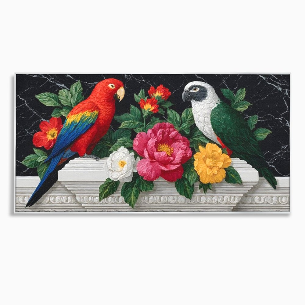Tablou canvas cu pictura cu papagali si flori, in rama de aluminiu argintiu