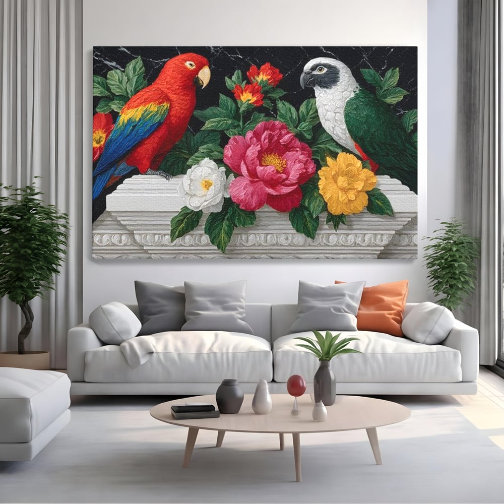 Tablou canvas cu pictura cu papagali si flori, fara rama, pe sasiu de lemn, pe perete intr-un living