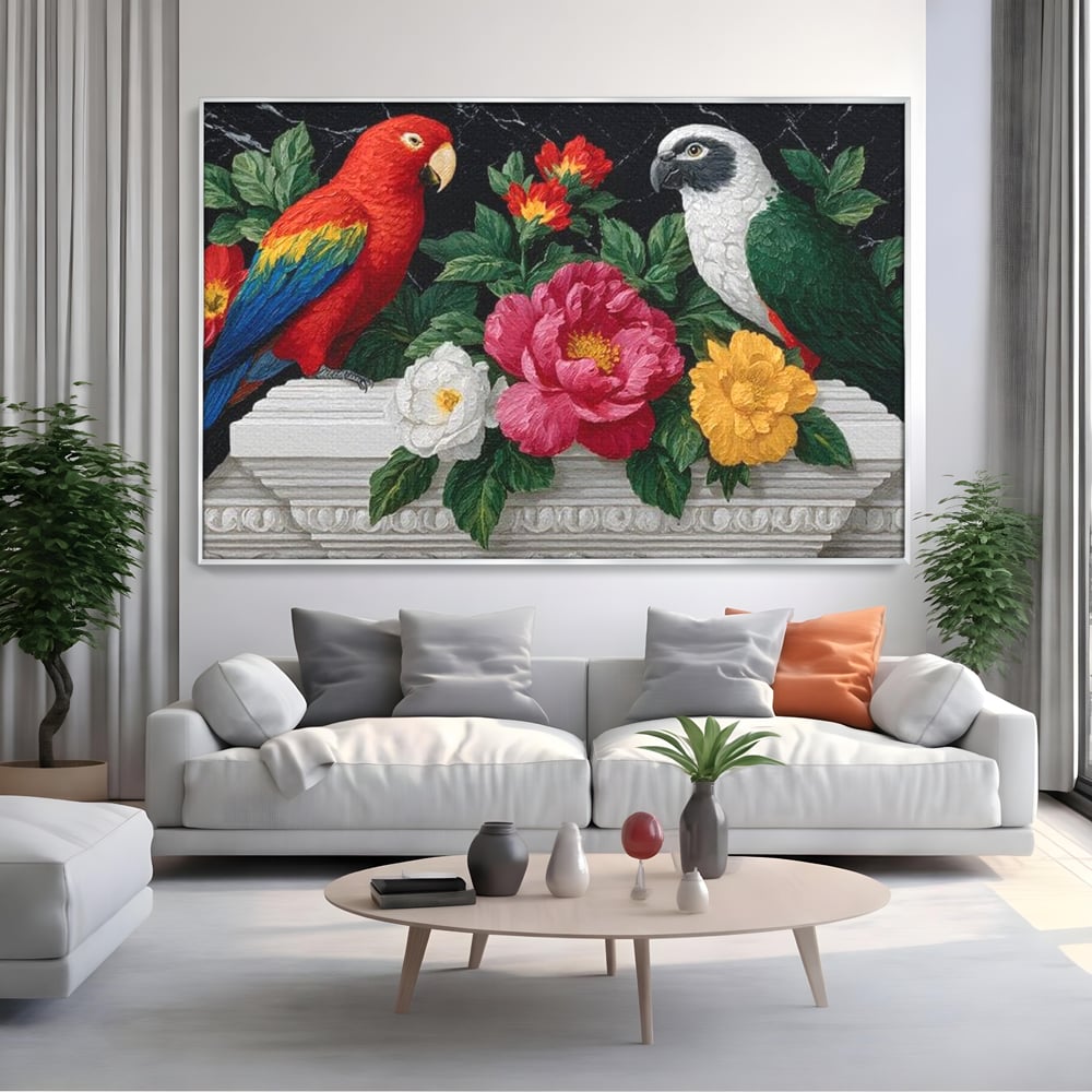 Tablou canvas cu pictura cu papagali si flori, in rama de aluminiu argintiu, pe perete intr-un living