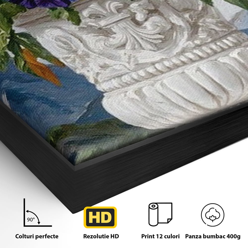 Detaliu al suprafetei: tablou canvas cu papagal si vaza cu flori, in rama de aluminiu negru