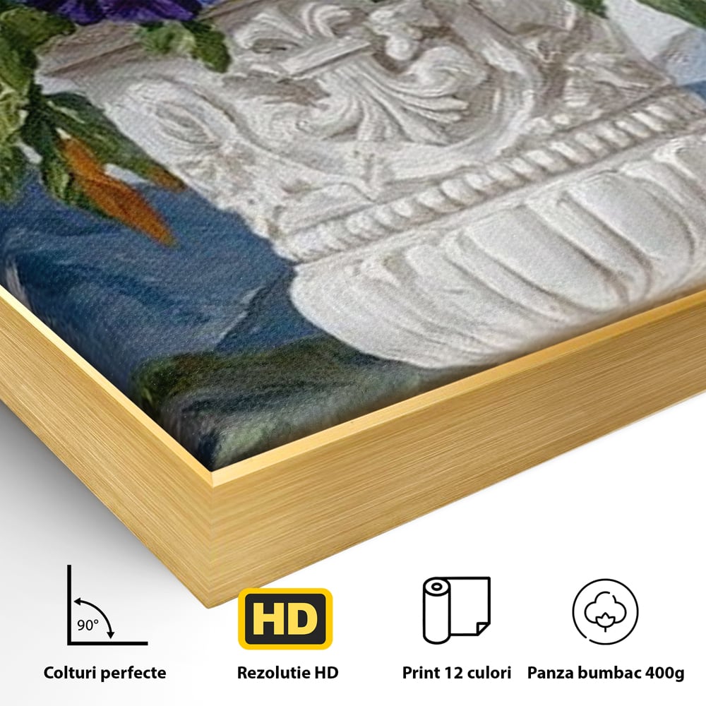 Detaliu al suprafetei: tablou canvas cu papagal si vaza cu flori, in rama de aluminiu auriu