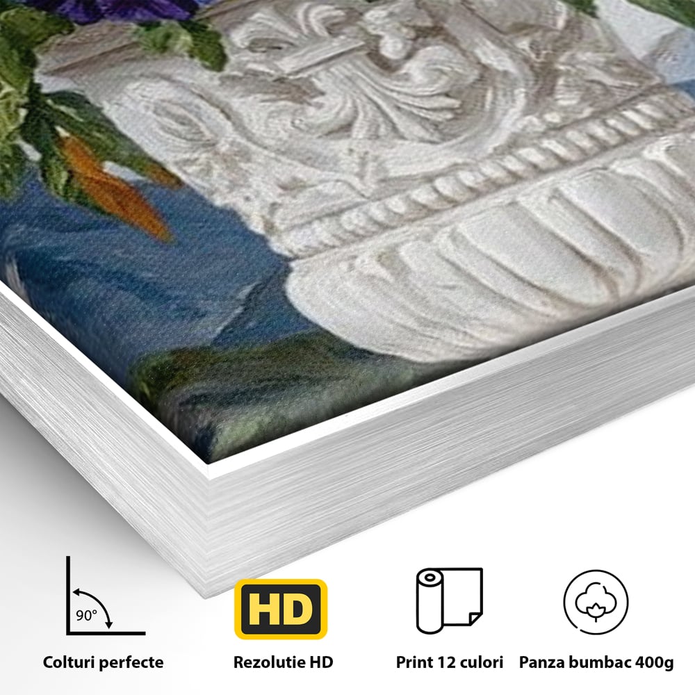 Detaliu al suprafetei: tablou canvas cu papagal si vaza cu flori, in rama de aluminiu argintiu