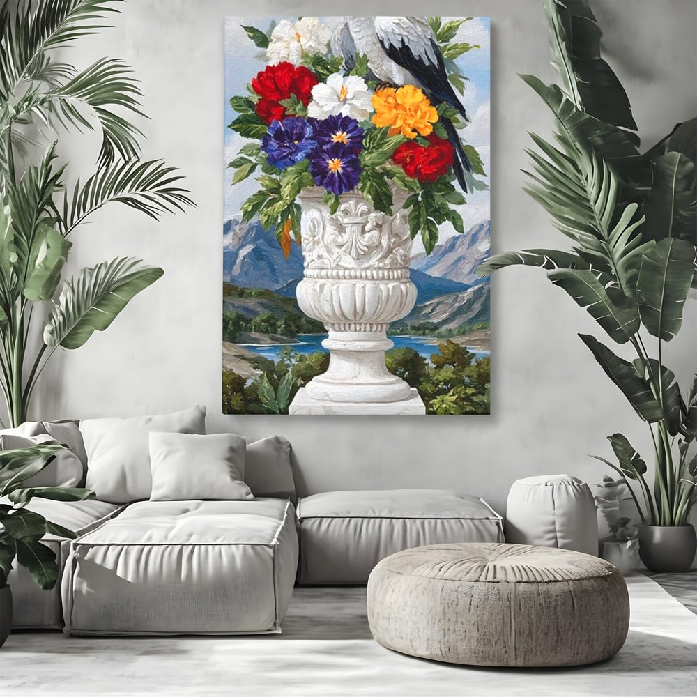 Tablou canvas cu tablou canvas cu papagal si vaza cu flori, fara rama, pe sasiu de lemn, pe perete intr-un living