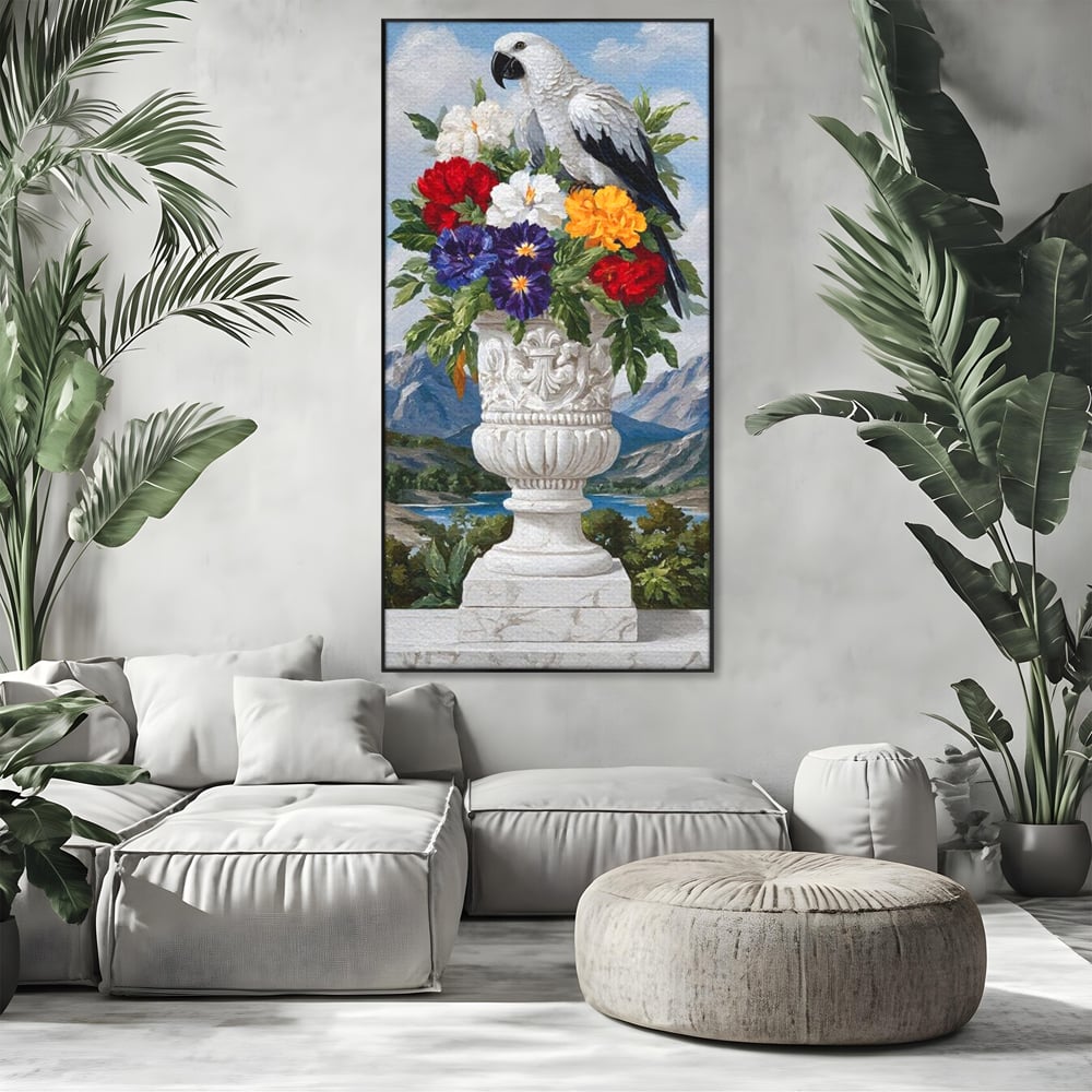 Tablou canvas cu tablou canvas cu papagal si vaza cu flori, in rama de aluminiu negru, pe perete intr-un living