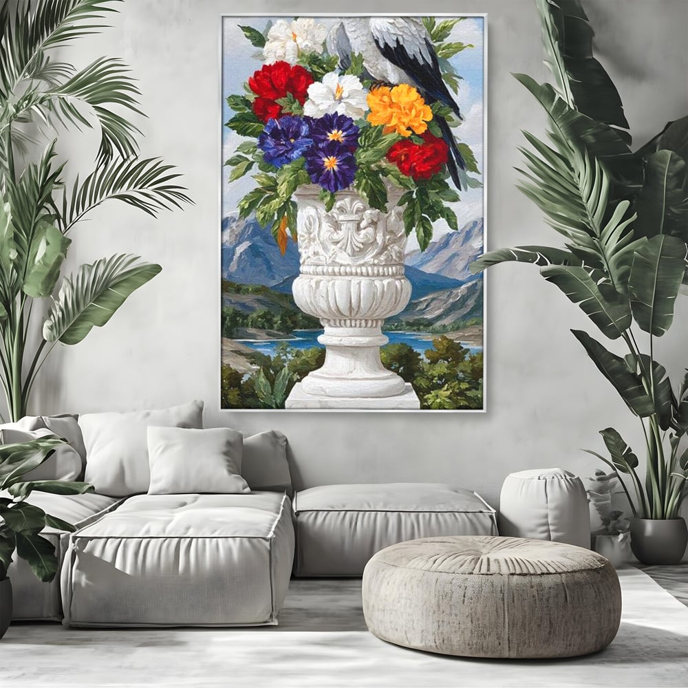 Tablou canvas cu tablou canvas cu papagal si vaza cu flori, in rama de aluminiu argintiu, pe perete intr-un living