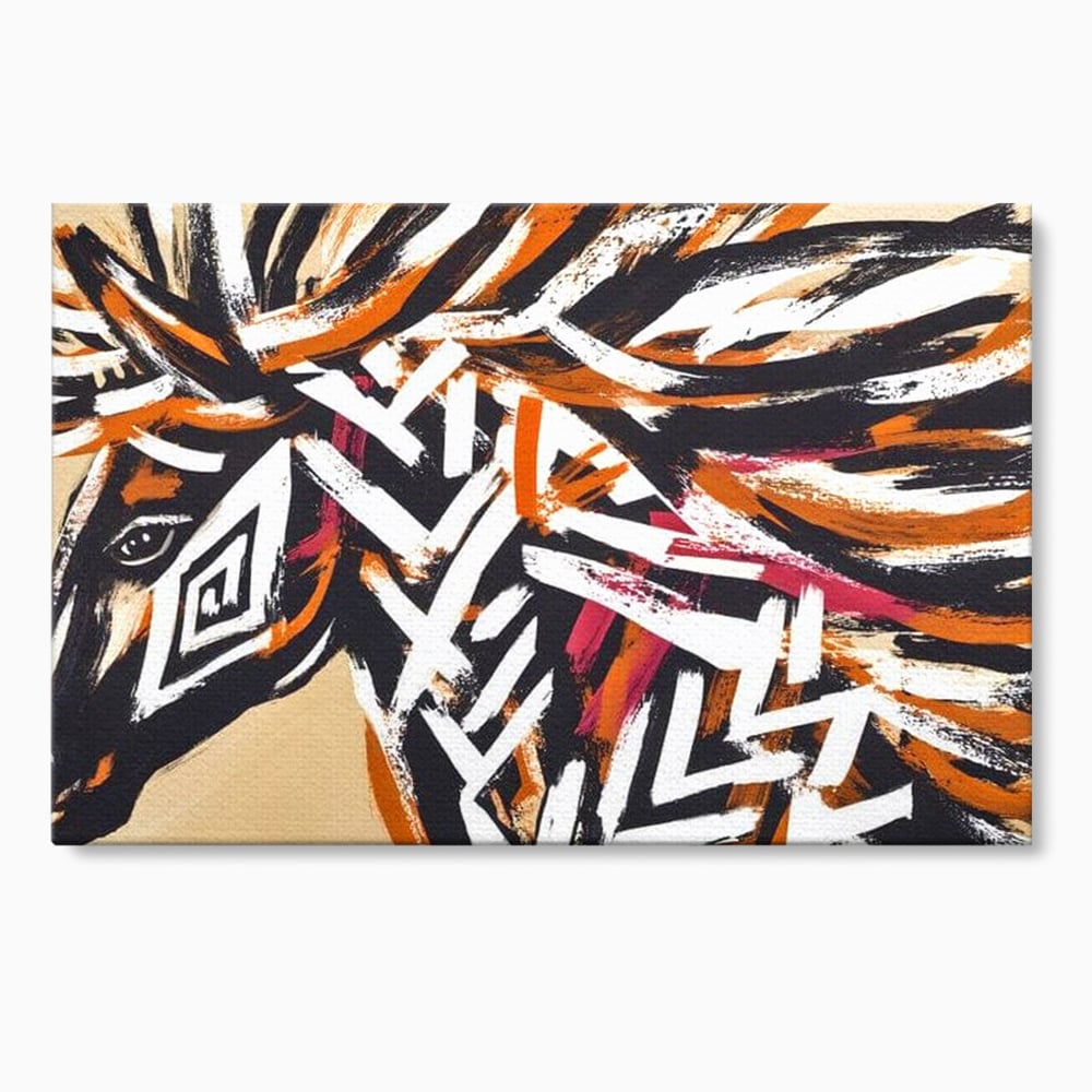 Tablou canvas cu pictura cu cap de cal tribal, fara rama, pe sasiu de lemn