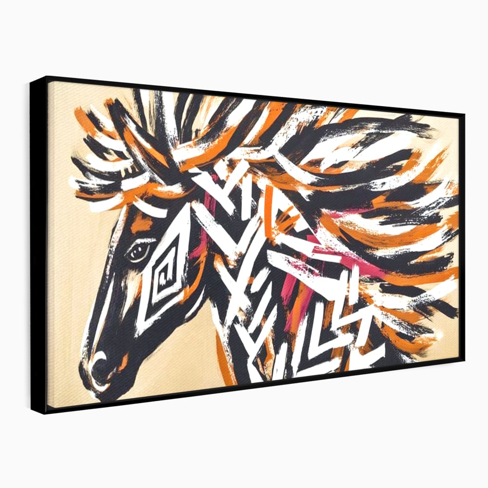 Tablou canvas cu pictura cu cap de cal tribal, in rama de aluminiu negru